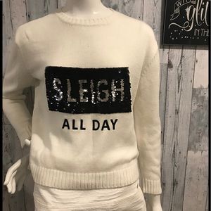 H&M Ivory holiday sweater with black sequin quote